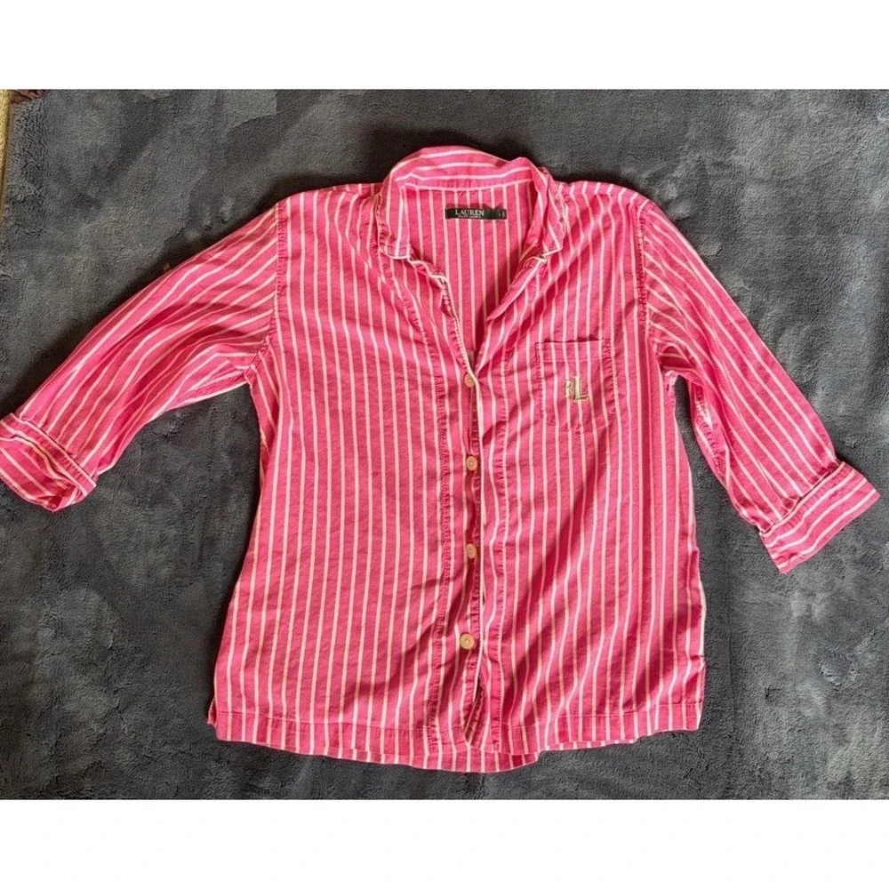 Lauren Ralph Lauren Pink White Striped Pajama Set L Button Down Crop Pants